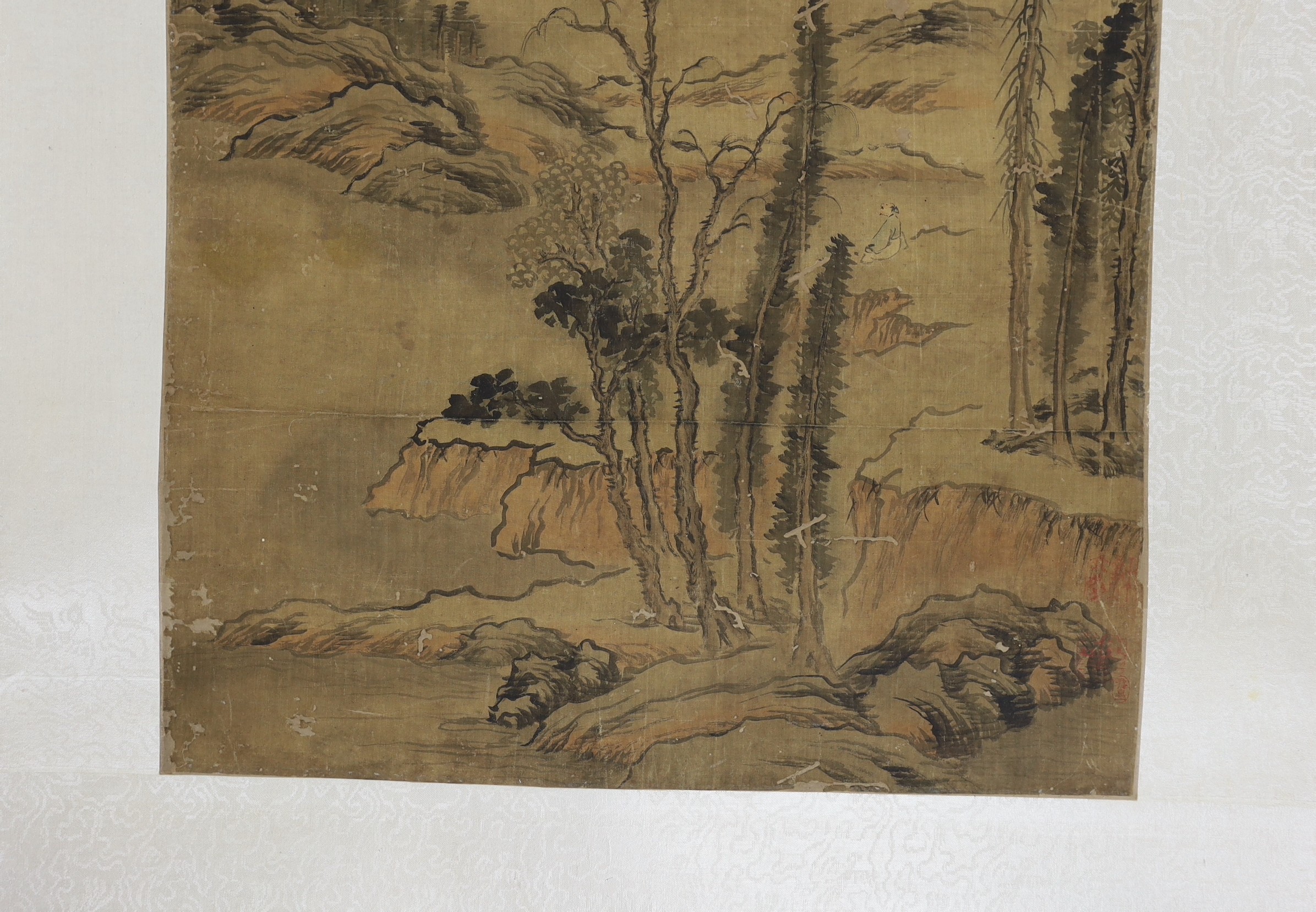 A Chinese scroll painting on silk of a sage in a mountainous river landscape, 18th/19th century, image 69.5cm x 44cm